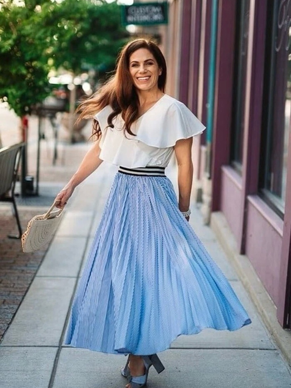 Chicwish Blue and White Striped Maxi Skirt with Black Contrast Waistband - Picture 5 of 8